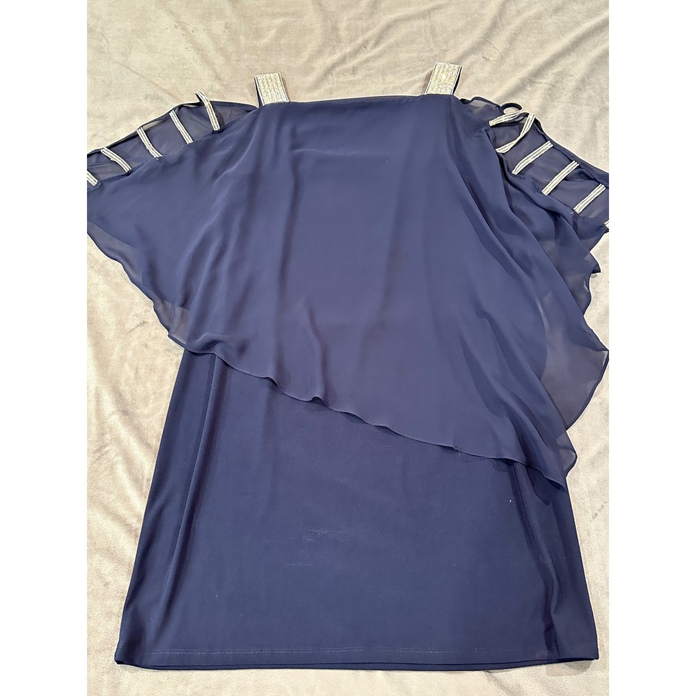 MSK Womens Navy Blue Cold Shoulder Chiffon Overlay Rhinestone Cocktail Dress L